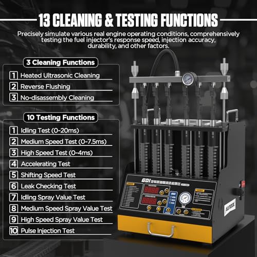 Fuel Injector Cleaner and Tester Machine, 6 Cylinder Fuel System Injection Cleaning Tester with Cleaning Fluid Heating, 3 Cleaning & 10 Testing Functions for GDl,EFI,FSI,12V/70V/120V Option - size: CT450