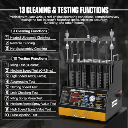 Fuel Injector Cleaner and Tester Machine, 6 Cylinder Fuel System Injection Cleaning Tester with Cleaning Fluid Heating, 3 Cleaning & 10 Testing Functions for GDl,EFI,FSI,12V/70V/120V Option - size: CT450