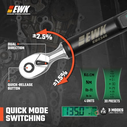 EWK 3/8" Drive Digital Angle Torque Wrench 5-100 ft-lbs (6.8-135 Nm) | ISO 6789, ±1.5% clockwise / ±2.5% counterclockwise/ ±2% Angle, LCD Display, LED Buzzer Vibration Alert, 30 Memory Values