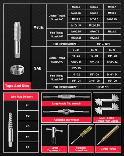 Kolvoii 81-Piece Tap and Die Set, SAE & Metric #4–1/2" & M3–M12, Heavy-Duty GCr15 Steel Rethreading Tool Kit with Coarse and Fine Threads for Internal and External Threads - size: 81-Piece Metric & SAE
