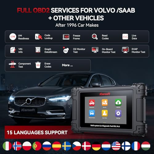 iCarsoft VOL V 4.0 Bidirectional Diagnostic Scan Tool for Volvo/SAAB + 2 Car Brand Vehicles, All System, 29 Resets(239 Sub-Services) for Volvo/SAAB, Actuation Test, Battery Registration OBD2 Scanner