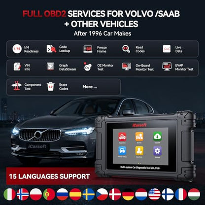 iCarsoft VOL V 4.0 Bidirectional Diagnostic Scan Tool for Volvo/SAAB + 2 Car Brand Vehicles, All System, 29 Resets(239 Sub-Services) for Volvo/SAAB, Actuation Test, Battery Registration OBD2 Scanner