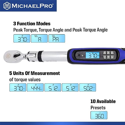 MichaelPro 3/8 Flex Head Digital Torque Wrench with Angle Function, 10 to 100 ft-lbs (10 to 135 Nm), Target Torque Multi-Alert System, 10 Available Presets | MP001226 - size: 3/8" Drive Flex Head