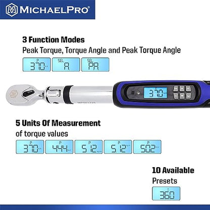 MichaelPro 3/8 Flex Head Digital Torque Wrench with Angle Function, 10 to 100 ft-lbs (10 to 135 Nm), Target Torque Multi-Alert System, 10 Available Presets | MP001226 - size: 3/8" Drive Flex Head