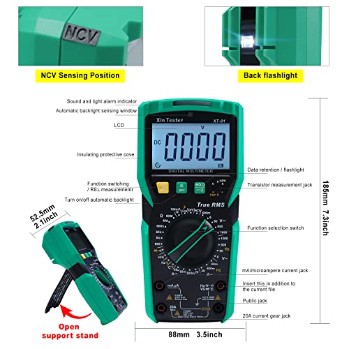 Xin Tester Digital Multimeter TRMS 6000 Counts Ohm Volt Amp Test AC DC Voltmeter Auto Ranging Continuity Test Diode Voltage Tester Duty-Cycle Capacitance Temperature for Automotive