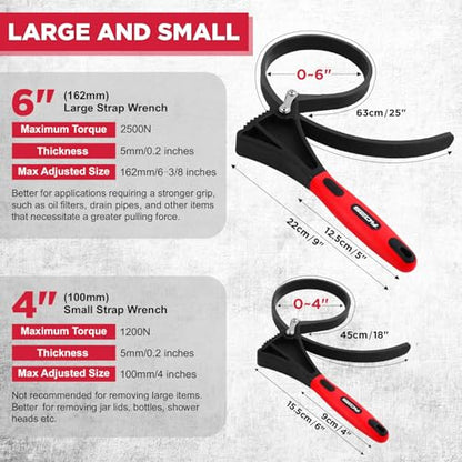 2-Piece Rubber Strap Adjustable Wrench Set Diameter 4" and 6", Oil Filter Pipe Jar Opener Strong Grip Plumbers Universal Spanner for Drain Sewer Cap Sink Pliers Nut Shower Head Valve Removal - style: 2-Pc Strap Wrench Set - Red