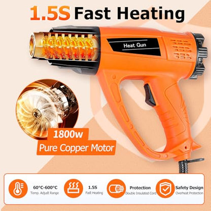 1800W Heat Gun for DIYers, Crafters & Electronics Repair – 140°F~1112°F Variable Temp, 1.5s Fast Heat, 5 Nozzles, 2 Scrapers, Overheat Protection, Hands-Free Stand | Shrink Tube, Resin, Vinyl Wrap - color: Orange
