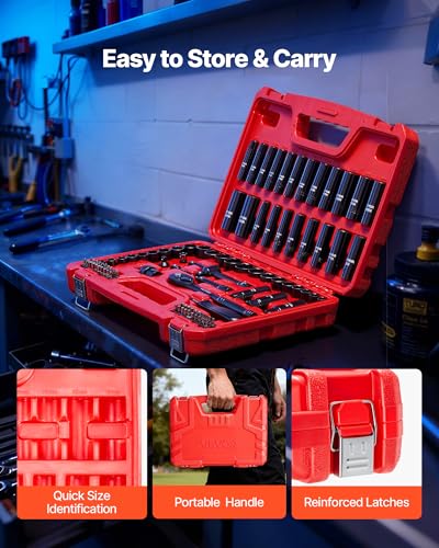 VEVOR 96 Piece 3/8" Drive Impact Socket Wrench and Bit Set, SAE (5/16" to 3/4") & Metric (8 to 22 mm), CR-V, Deep & Shallow, 6 Point, Ratchet, Universal Joint, Bit Holder, Adapters, Spark Plug Socket - style: 3/8" 96 PCS