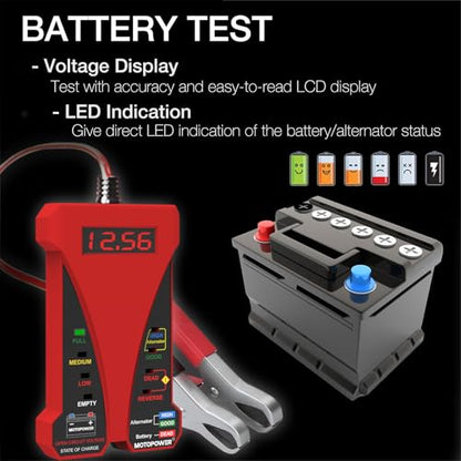 MOTOPOWER MP0514C 12V Digital Battery Tester Voltmeter and Charging System Analyzer with LCD Display and LED Indication - Red Rubber Paint