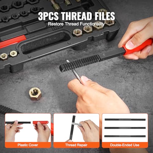 VEVOR Thread Chaser Set - 49-Piece UNC UNF and Metric Thread Restorer Tool Rethreading Tool Kit with 22 Taps 24 Dies 3 Thread Files Storage Case Heat Treated Steel for Mechanics DIY Enthusiasts - size: 49PCS, style: SAE&METRIC
