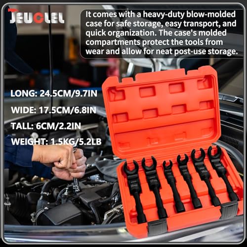 6PCS 3/8" Drive Long Flex Head Injector Fuel Line Socket Wrench Set, Crowfoot Flare Nut Socket Wrench Metric 12mm 14mm 16mm 17mm 18mm 19mm Hydraulic Lines Nuts Bolts Hand Removal Tool - size: 6Pcs Long Flex Head Socket (Red)