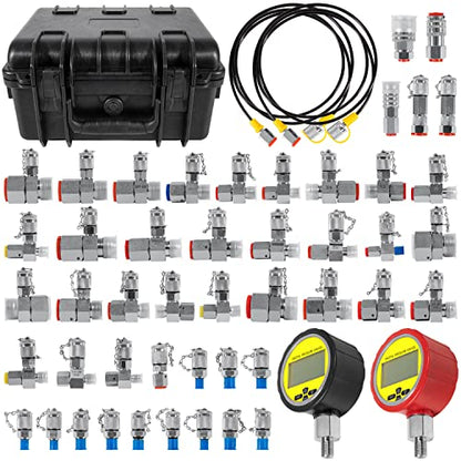 70DC Digital Hydraulic Pressure Test Coupling Kit Hydraulic Pressure Gauge Kit for Excavator Construction Machinery 2 Gauges 2 Test Hoses 18 Couplings 29 Tee Connectors 700BAR/10000PSI/70Mpa - style: 2 Gauges 47 Test Couplings