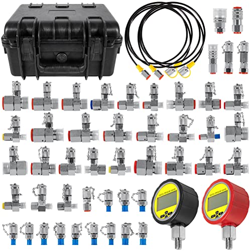 70DC Digital Hydraulic Pressure Test Coupling Kit Hydraulic Pressure Gauge Kit for Excavator Construction Machinery 2 Gauges 2 Test Hoses 18 Couplings 29 Tee Connectors 700BAR/10000PSI/70Mpa - style: 2 Gauges 47 Test Couplings