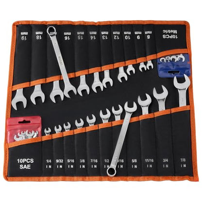 VEVOR Combination Wrench Set, 42-Piece SAE and Metric, 12-Point Box End and 15° Angled Open End Combination Wrenches with Roll Up Pouch, Carbon Steel, for General Household and Automotive Repairs - size: 42PCS (Metric&SAE), style: Regular