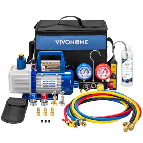 VIVOHOME Upgraded 5CFM 1/3 HP 1-Stage HVAC Vacuum Pump and 4 Way AC Manifold Gauge Set with Leak Detector 5ft Hoses for R134a R12 R22 R502 R410a, Mini Split & Car Air Conditioner Maintenance - color: blue, size: 5CFM