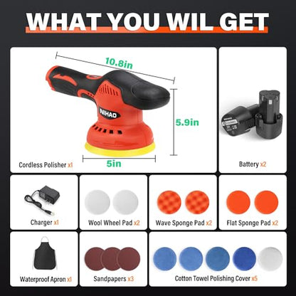 NIHAO - 5 Inch Cordless Car Buffer Polisher with 2PCS 12V 2000mAh Rechargeable Battery & Extra 15PCS Attachments, 8 Variable Speed Used for Car Detailing/Waxing