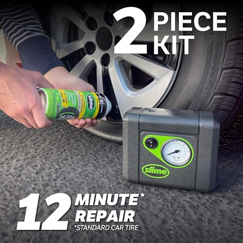 Slime 50165 Flat Tire Puncture Repair, Smart Spair Plus, Emergency Kit for Car Tires, Includes Sealant and Tire Inflator Pump, Suitable for Cars and Other Highway Vehicles, 12 Min Fix - size: Car/Trailer, style: 12 Mins Fix