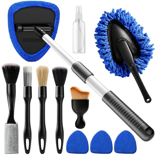 Windshield Cleaner Tool, 12Pcs Car Cleaning Kit, 23-inch Extendable Handle with 4 Microfiber Pads, Car Interior Detailing Brushes, All-in-One Inside Car Cleaning for Auto Detailing - color: Blue-02