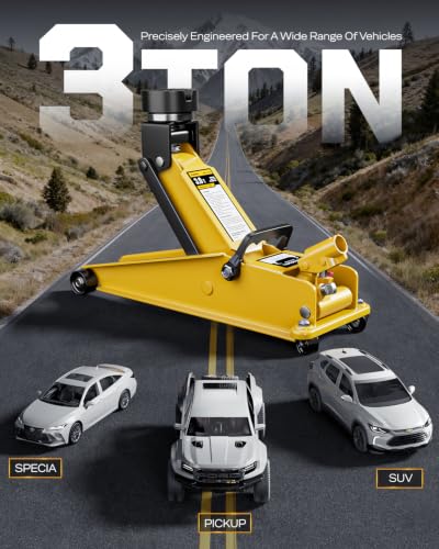 AUTOWN 3 Ton (6600 lbs) Floor Jack, Heavy Duty Steel Hydraulic Jack for Car, Low Profile Floor Jack with Rubber Pad, Quick Lift Car Jack with Lifting Range 7.1'' to 20.9'', Yellow