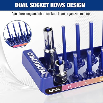WORKPRO Socket Organizer Set, 4PC Impact Socket Holder, 1/4", 3/8", 1/2" Drive Metric Socket Trays, Impact Socket Organizer for Tool Box Drawer, Socket Storage Holds 94 Pieces (Socket not Included) | Fits Impact Sockets, Holds 94 Pieces Sockets, Large Cap