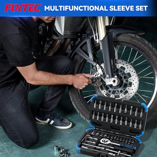 FIXTEC 46-Piece 1/4-Inch Drive Socket Ratchet Wrench Set, Metric Socket & Bit Set with Extension Bars, Universal Joint and Storage Case, CR-V Steel Tool Kit for Auto Repair and Home Maintenance
