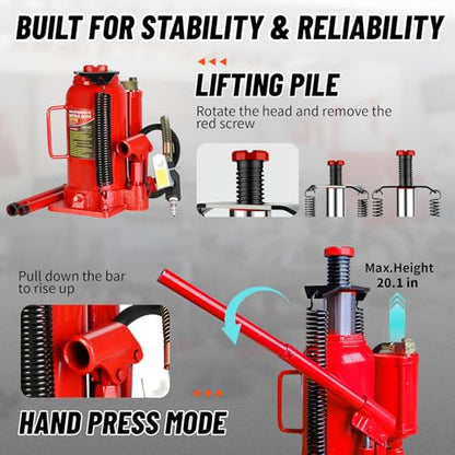 20 Ton Air Hydraulic Bottle Jack with Air-Powered or Manual Operation, One-Piece Hydraulic Cylinder Design, Air Bottle Jack with Carry Handle for Pickup Trucks, Commercial Vehicles, and Farm Equipment - color: Red