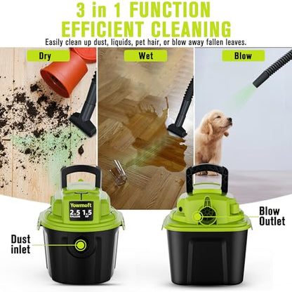2.5 Gal Shop Vac, 1.5 HP Mini Wet Dry Vacuum with Blower, YWDV25B | 3-in-1 Portable Compact Shop Vacuum with 15ft Reach & Attachments for Car, Garage, Home