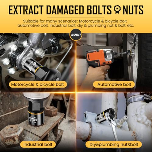 BOEN Impact Bolt Extractor Kit 3/8 Inch Drive, 17-Piece Easy Out Nut and Bolt Extractor Set For Damaged, Frozen, Studs, Rusted, Rounded Bolts, Include Impact Reducer and Drill Bit Adapter, Cr-Mo Steel
