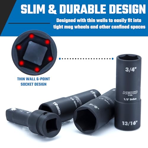 NEIKO 02281B 1/2" Drive Impact Flip Socket Set, Thin Wall Socket, 4 Piece Lug Nut Impact Socket Set, SAE and MM, 3” Extension Bar, Cr-Mo Steel, Impact Lug Nut Socket Set - size: 4 Piece, style: Flip Socket