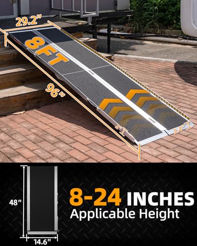 VNN Portable Wheelchair Ramp 8FT, Seamless Non-Slip Aluminum Ramps for Wheelchairs for Home, Handicap Wheelchair Ramps for Home Steps, Aluminum Loading Dock Plates - size: 8FT (Usable height 8-24 inch)