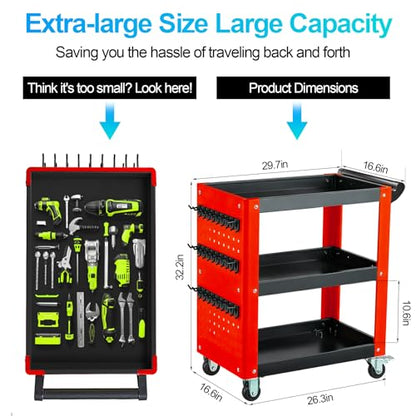 3-Tier Rolling Tool Cart with Pegboard, 1000LBS Load 2 Lockable Casters | Heavy Duty, Metal Mechanic Tool Storage, For Garage, Repair Shop, Warehouse & Workshop
