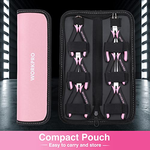 WORKPRO 6-Piece Mini Pliers Set | Needle Nose, Long Nose, Bent Nose, Diagonal, End Cutting and Linesman for Crafts Work, Electronic Repair, with Pouch - color: Pink