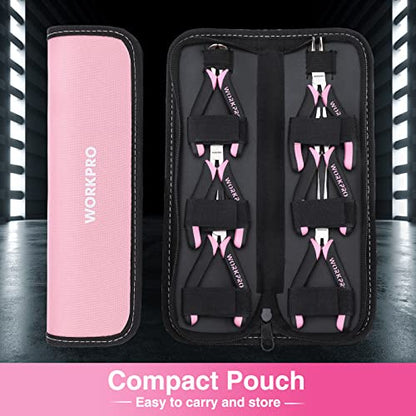 WORKPRO 6-Piece Mini Pliers Set | Needle Nose, Long Nose, Bent Nose, Diagonal, End Cutting and Linesman for Crafts Work, Electronic Repair, with Pouch - color: Pink