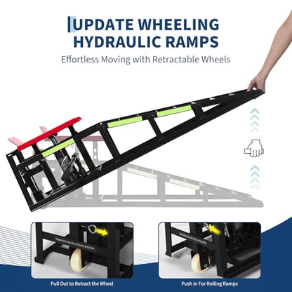 Heavy Duty Hydraulic Car Ramps 2 Pack, 5 Ton Capacity 9-15 Inch Lift for Cars SUVs Trucks with Rolling Wheels & Reflective Strips for Oil Changes Tire Rotations - color: Red With Rolling Wheels