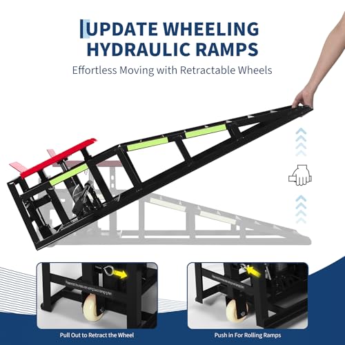 Heavy Duty Hydraulic Car Ramps 2 Pack, 5 Ton Capacity 9-15 Inch Lift for Cars SUVs Trucks with Rolling Wheels & Reflective Strips for Oil Changes Tire Rotations - color: Red With Rolling Wheels
