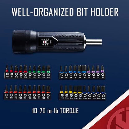 KNINE OUTDOORS Torque Screwdriver Wrench Driver Set 10-70 Inch Pounds lbs for Maintenance with T-bar Handle, 40 Hex Bits, 1/4" Socket, Shaft Extension, For Tools, Bike Repairing and Mounting, Black