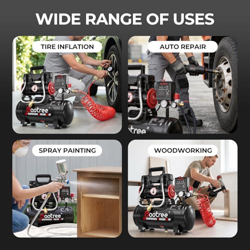 3 Gallon Ultra Quiet Air Compressor with Two Quick Couplers, 1.2HP MAX 115PSI Oil-Free Air Compressor Steel Tanks, 70dB Air Compressor with Wheels for Spray Painting, Auto Repair, Woodwork Nailing - size: 3G
