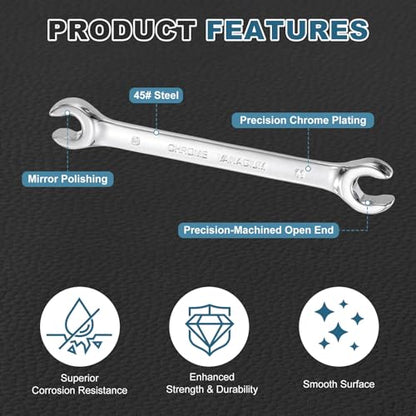 HARFINGTON 2 Pcs Flare Nut Wrench 9mm x 11mm Metric Double Open End Thick Spanner Mirror Polish Finish 45# Steel Brake Line Wrench For Fuel Tube Hose Transmission Line, Silver - size: 9mm x 11mm