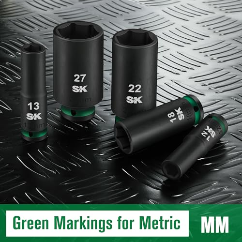 SK 1/2" Drive Impact Socket Set, Deep Metric Sockets, 13-Piece 12-27mm, Premium CR-MO Steel, SureGrip 6 Point Design, With Storage Case - size: Metric