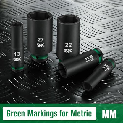 SK 1/2" Drive Impact Socket Set, Deep Metric Sockets, 13-Piece 12-27mm, Premium CR-MO Steel, SureGrip 6 Point Design, With Storage Case - size: Metric