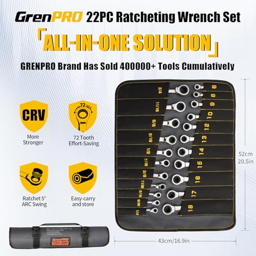 GRENPRO Ratcheting Wrench Set, Combination Wrench Set, 22-Piece SAE & Metric and Standard, 72Th Long Open End, 1/4" to 3/4" & 6-18mm, Organizer With Roll Up Pouch, CR-V Socket Mechanic Hand Tools Sets - style: 22PCS Ratcheting Wrench Set Metric&SAE