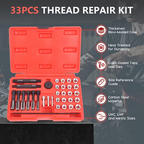 33PCS Glow Plug Thread Repair Kit, Thread Repair Tool Cylinder Head Metric Thread Restorer Kit Tap Insert Driver Guide Pin Thread Insert Tool Set Rethreading Kit Tool for 8mm/10mm/12mm Glow Plugs - size: 33PCS