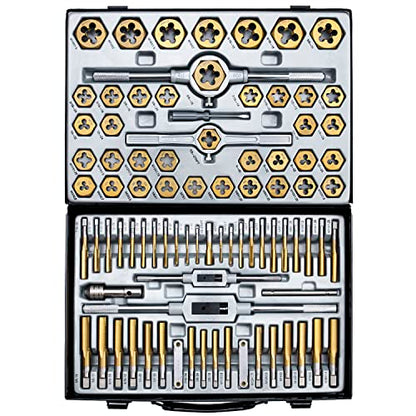 86-Piece Master Tap and Hex Die Set, Premium Titanium Coating | SAE Size #4 to 5/8”, Metric Size M3 to M16 | For All Coarse, Fine, Pipe Threads | Complete with Holders, Stocks, Gauges and Metal Case - style: HSS Titanium Set, 86-Piece