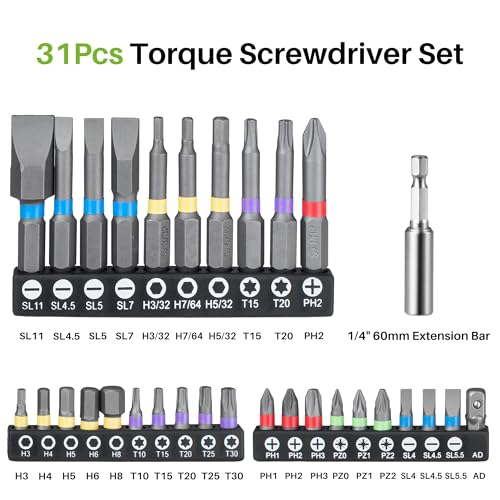 32Pcs Torque Screwdriver, 10-80In-lb for Maintenance, Gunsmithing | 1/4" Drive Torque Wrench Set, Inch Pound Torque Screwdriver with S2 Bits, Extension Bar for DIY, Bike Repairing, Gunsmith - size: 32Pcs