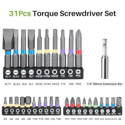 32Pcs Torque Screwdriver, 10-80In-lb for Maintenance, Gunsmithing | 1/4" Drive Torque Wrench Set, Inch Pound Torque Screwdriver with S2 Bits, Extension Bar for DIY, Bike Repairing, Gunsmith - size: 32Pcs