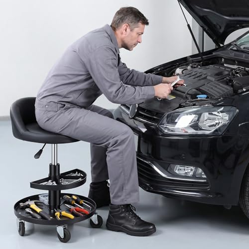 Rolling Shop Stool with Wheels and Backrest, 16–21.6 Inch Height Adjustable Garage Mechanic Stool, Low Rolling Work Seat with 2-Tier Tool Trays for Auto Repair Workshop Salon 300 lb Capacity (Black)
