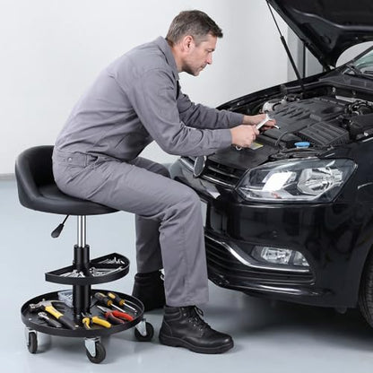 Rolling Shop Stool with Wheels and Backrest, 16–21.6 Inch Height Adjustable Garage Mechanic Stool, Low Rolling Work Seat with 2-Tier Tool Trays for Auto Repair Workshop Salon 300 lb Capacity (Black)