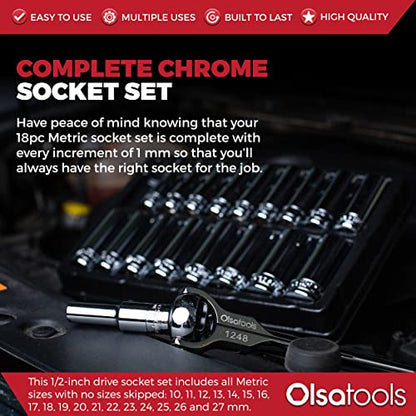 Olsa Tools Metric Deep Socket Set - 1/2-Inch Drive, 18pc - 6-Point Chrome Sockets from 10mm–27mm and No Skipped Sizes - Mechanic Deep Metric Socket Set - Professional Grade Long Sockets - Part: 1325 - color: Metric Deep, size: 18pc, 1/2-Inch Drive