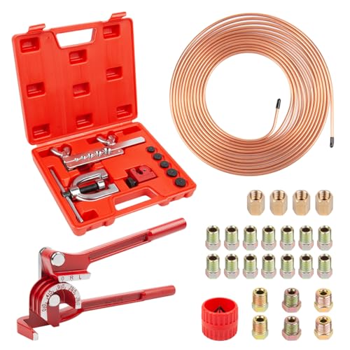 ICOOL 25 ft 3/16" Copper-Plated Brake Line Flaring Tool Kit with 20 Fittings and 4 Unions Brake Line Fittings, Brake Line Kit with Tube Bender and Reamer