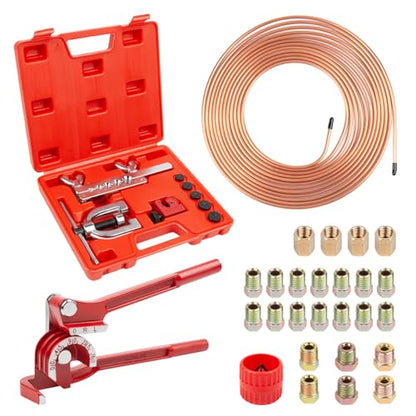 ICOOL 25 ft 3/16" Copper-Plated Brake Line Flaring Tool Kit with 20 Fittings and 4 Unions Brake Line Fittings, Brake Line Kit with Tube Bender and Reamer